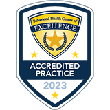 Logo for Behavior Health Center of Excellence Accredited Practice 2023.