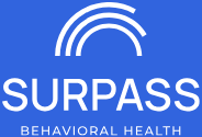 Surpass Behavior Health logo white on blue.